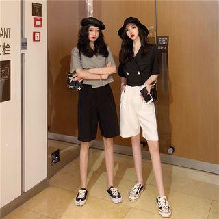 Double-buttoned Cropped Jacket / High-waist Plain Shorts