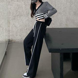 High-waist Wide-leg Pants / Striped Cropped Cardigan