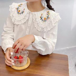 Floral Embroidered Collared Check Blouse
