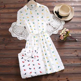 Bird-print Short-sleeve Drawstring Dress