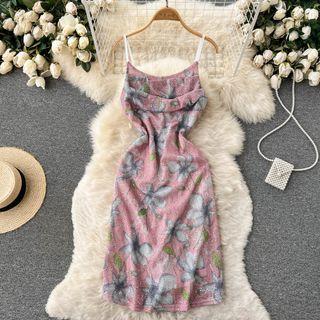 Spaghetti-strap Floral Sequin Sheath Dress