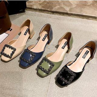Buckled Faux Leather Block Heel Dorsay Pumps