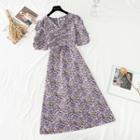 Ruched Front V-neck Floral A-line Dress