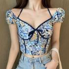 Short-sleeve Floral Print Crop Top Blue - One Size