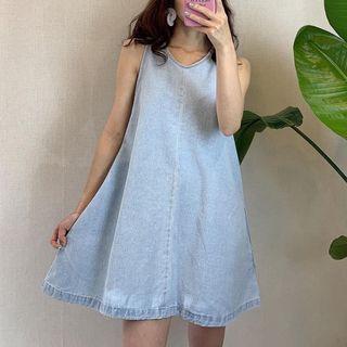 Sleeveless V-neck Denim Mini A-line Dress Blue - One Size