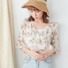 Floral Short-sleeve Chiffon Top Almond - One Size