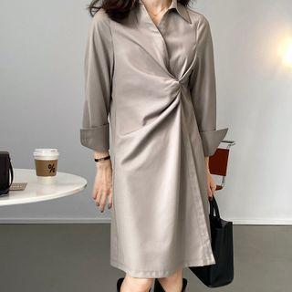 Long-sleeve Collared Ruched A-line Dress