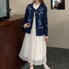 Buttoned Floral Embroidered Cardigan / Long-sleeve Mock-neck Midi A-line Lace Dress
