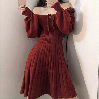 Mini A-line Sweater Dress Wine Red - One Size