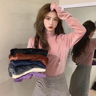 High-neck Velvet Long-sleeve Top