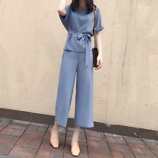 Set: Plain Elbow Sleeve Top + Cropped Straight Cut Pants