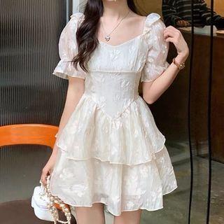 Short-sleeve Mesh Tiered Mini Dress