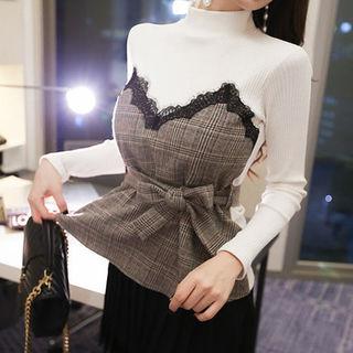Mock-neck Plaid Panel Top With Sash