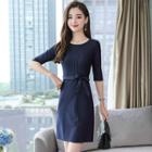 Elbow-sleeve Striped Mini A-line Dress