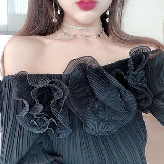 Ruffle Off-shoulder Long-sleeve Blouse Black - One Size
