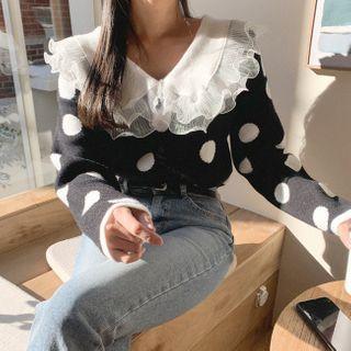 Laced Collar Polka-dot Knit Top Black - One Size