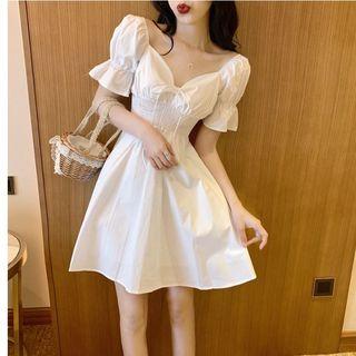 Smock-waist Off-shoulder Plain Mini Dress