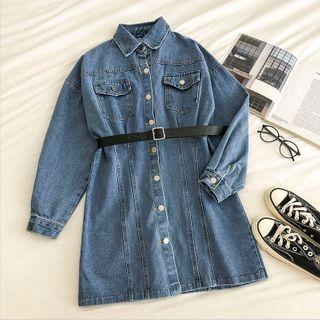 Single-breasted Long-sleeve Denim Dress With Belt