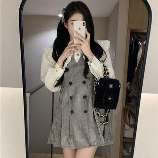 Ruffle Shirt / Plaid Mini Overall Dress