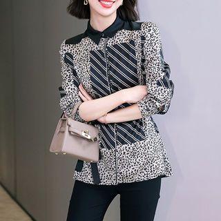 Long-sleeve Striped Panel Chiffon Blouse