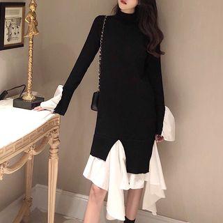 Mock Two-piece Long-sleeve Midi Knit Dress Black - One Size