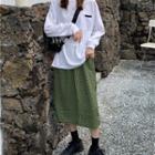 Long-sleeve Pocketed T-shirt / Plaid Midi Skirt