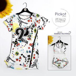 Set: Floral Print Tankini Top + Swim Shorts + Letter Cover-up