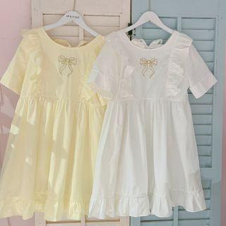 Short-sleeve Bow Embroidered Frill Trim A-line Dress