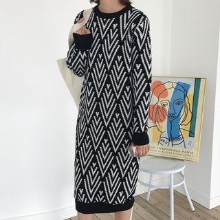 Long-sleeve Patterned Midi Knit Dress