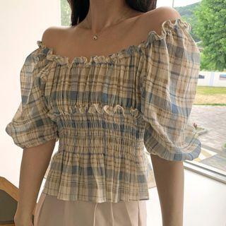 Off Shoulder Ruffle Trim Plaid Top Stripe - Blue - One Size