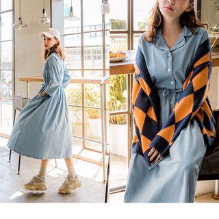 Strawstring Waist Denim Long Sleeve Shirtdress