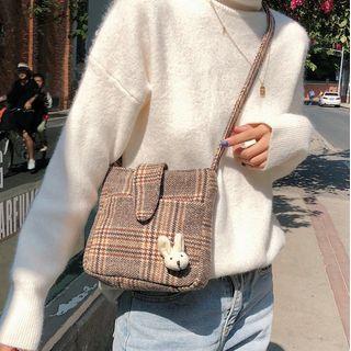 Rabbit Brooch Plaid Crossbody Bag