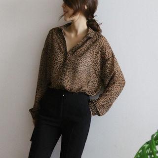Leopard Print Chiffon Shirt Brown - One Size