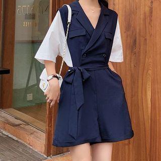 Elbow-sleeve Paneled Wide-leg Playsuit
