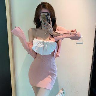 Set: Spaghetti Strap Bow Knit Mini Sheath Dress + Cardigan