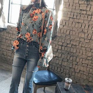 Smocked Mock-neck Floral Pattern Top
