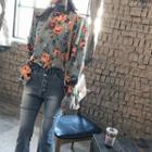 Smocked Mock-neck Floral Pattern Top