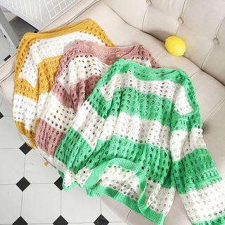 Long-sleeve Color Panel Pointelle-knit Top