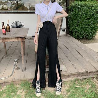 Cross-strap Cropped Polo Shirt / Slited Wide-leg Pants