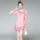 Elbow-sleeve Embroidery Shift Dress