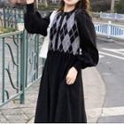 Long-sleeve Argyle Panel Midi A-line Dress Black - One Size