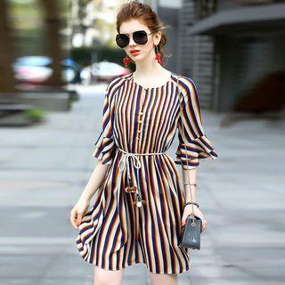 Set: Striped Chiffon Dress + Slipdress + Belt