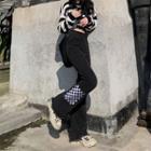 Checker Print Panel Mid Waist Wide Leg Pants