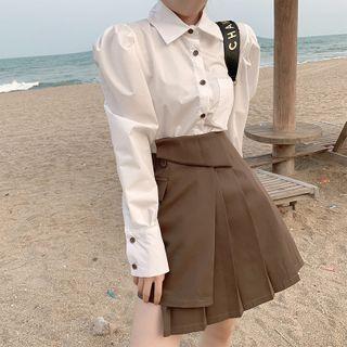 Puff-sleeve Plain Shirt / High-waist Asymmetric Plain Skirt