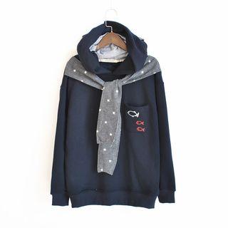 Mock Two Piece Fish Embroidered Hoodie