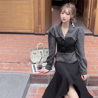 Color-block Slim-fit Jacket / Plain Mermaid Midi Skirt
