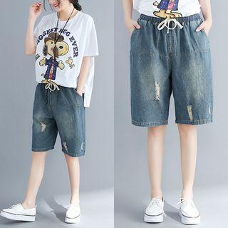 Drawstring Waist Washed Denim Shorts