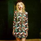 Long-sleeve Tie-waist Printed A-line Dress