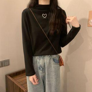 Long-sleeve Mock-neck Heart Print T-shirt