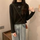 Long-sleeve Mock-neck Heart Print T-shirt